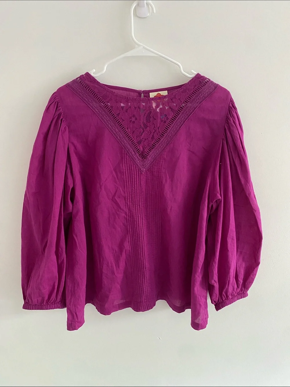 FARM Rio Pintuck Lace Puff Sleeve Lightweight Cotton Top BlousePurple Size LARGE